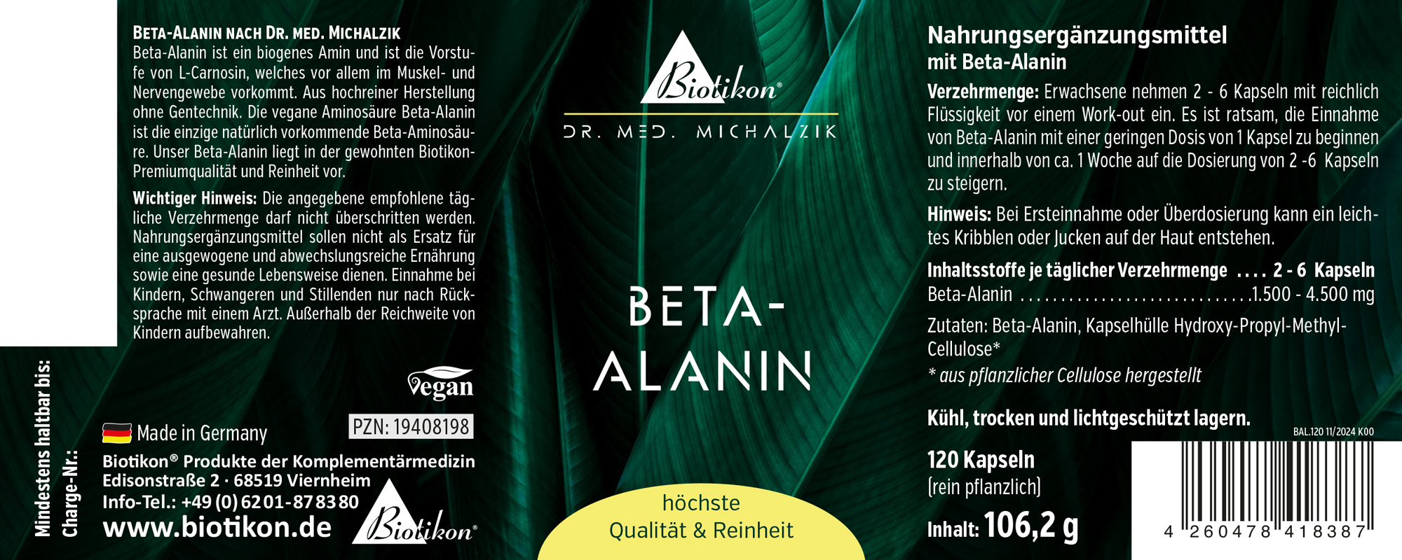 Beta-Alanine 120 Capsules – Dietary Supplement Beta-Alanine dietary supplement, 120 capsules in a dark package, vegan formula, high quality.
