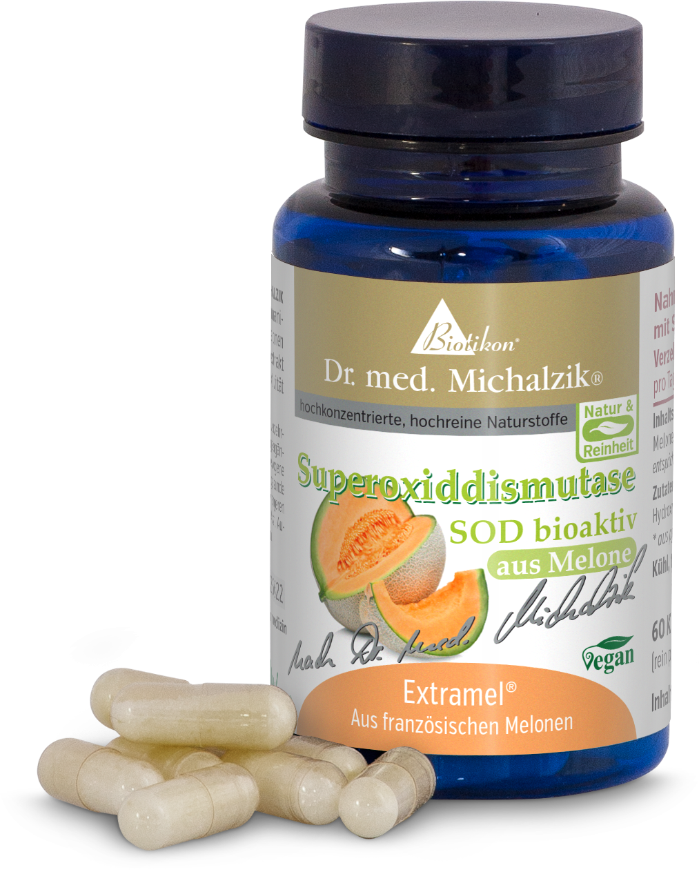 Superoxide Dismutase 60 Capsules – Bioactive from Melon Bottle with 60 capsules of superoxide dismutase, light beige capsules, blue packaging, front view, vegan.