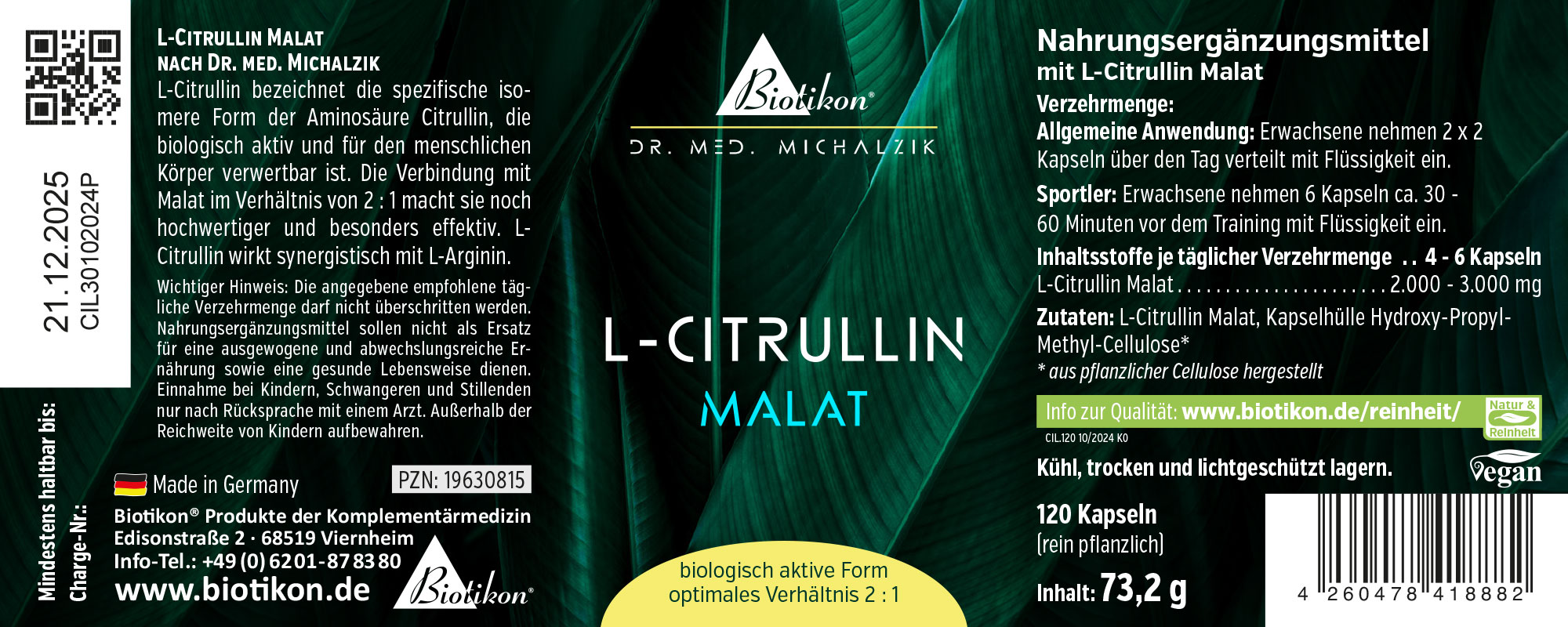 L-Citrulline Malate 120 Capsules Dietary supplement L-Citrulline Malate in capsules, 120 pieces, green packaging, side view.