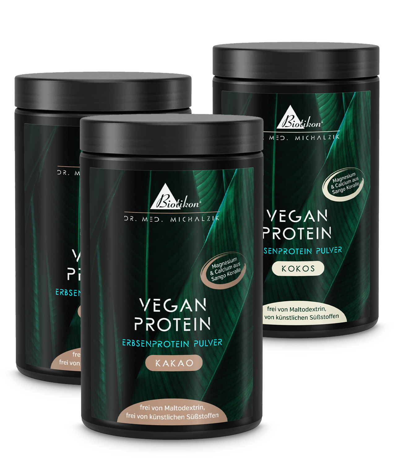 Three cans of plant protein powder in cocoa and coconut flavors, 300g each, in white packaging.