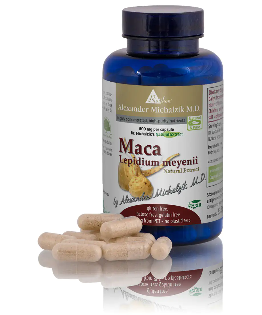 Maca 500 mg – Capsules Maca capsules, 500 mg per capsule, brown bottle, capsules in foreground, vegan, gluten-free.