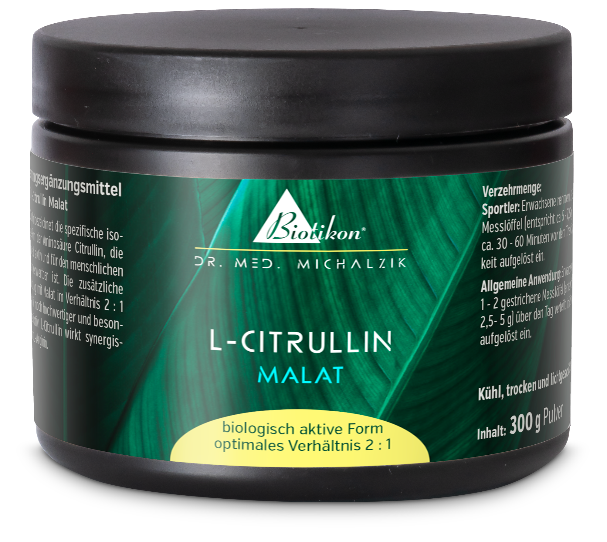 L-Citrulline Malate – 300 g Powder Black container with L-Citrulline Malate, 300 g powder, green packaging, front view.