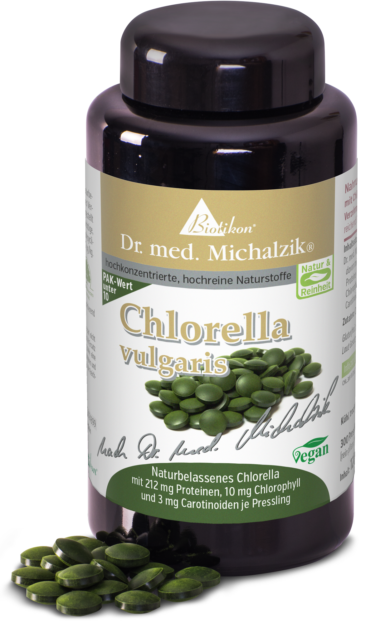 Chlorella Vulgaris – 300 Tablets Bottle of Chlorella Vulgaris tablets, 300 pieces, green color, front view.