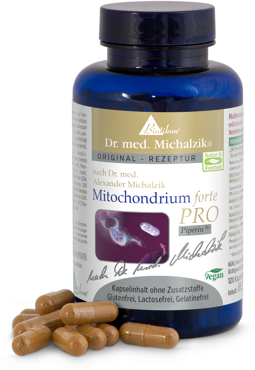 Mitochondrium forte PRO – 120 Capsules Mitochondrium forte PRO in blue bottle, 120 capsules, vegan, no additives, brown capsules in the foreground.