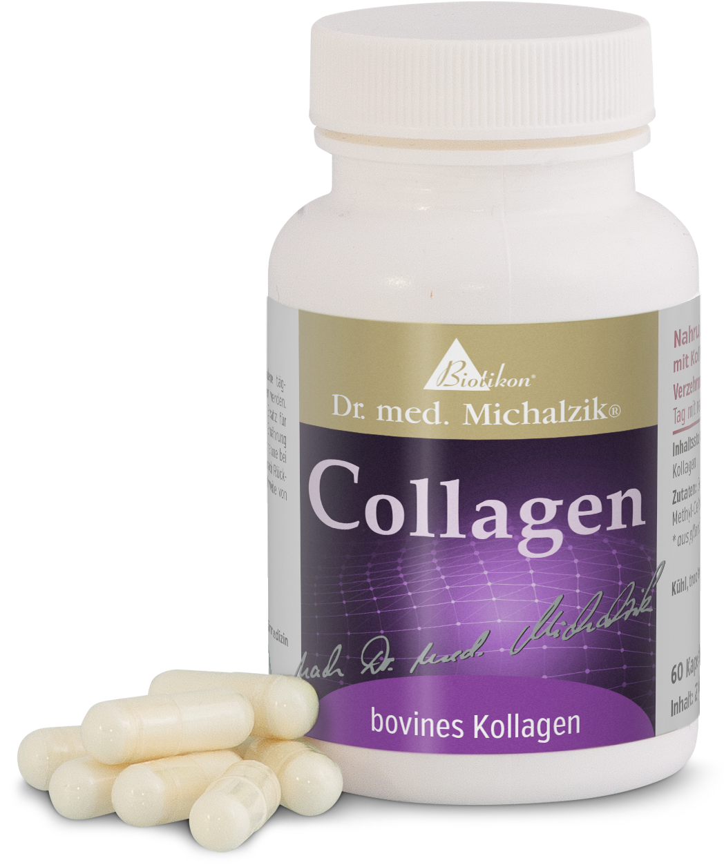 Bovine Collagen 90 Capsules – Dietary Supplement Bovine collagen in white capsules, 90 pieces in a plastic bottle with purple labeling.