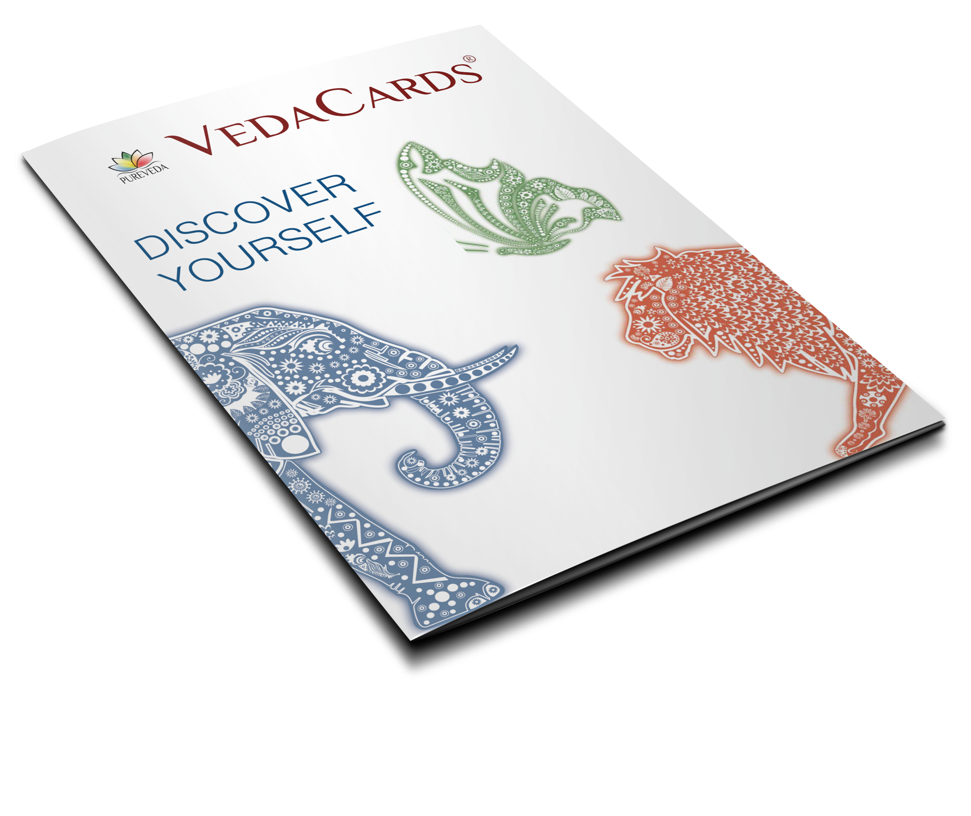 VedaCards – Discover Yourself VedaCards product cover featuring colorful and artistic designs of an elephant and lion.
