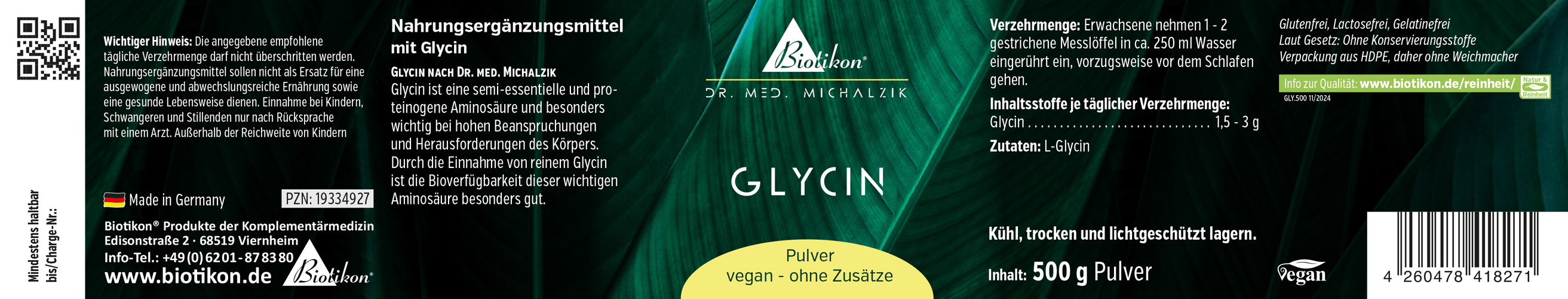 Glycine Powder – 500 g, Vegan Supplement Glycine dietary supplement in 500 g powder form, vegan, no additives, in green packaging.