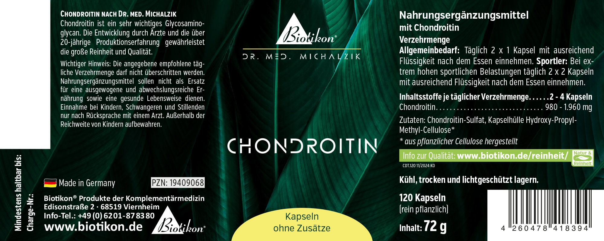 Chondroitin 120 Capsules - Dietary Supplement Chondroitin dietary supplement in black packaging with green leaves, 120 capsules, plant-based, front view.