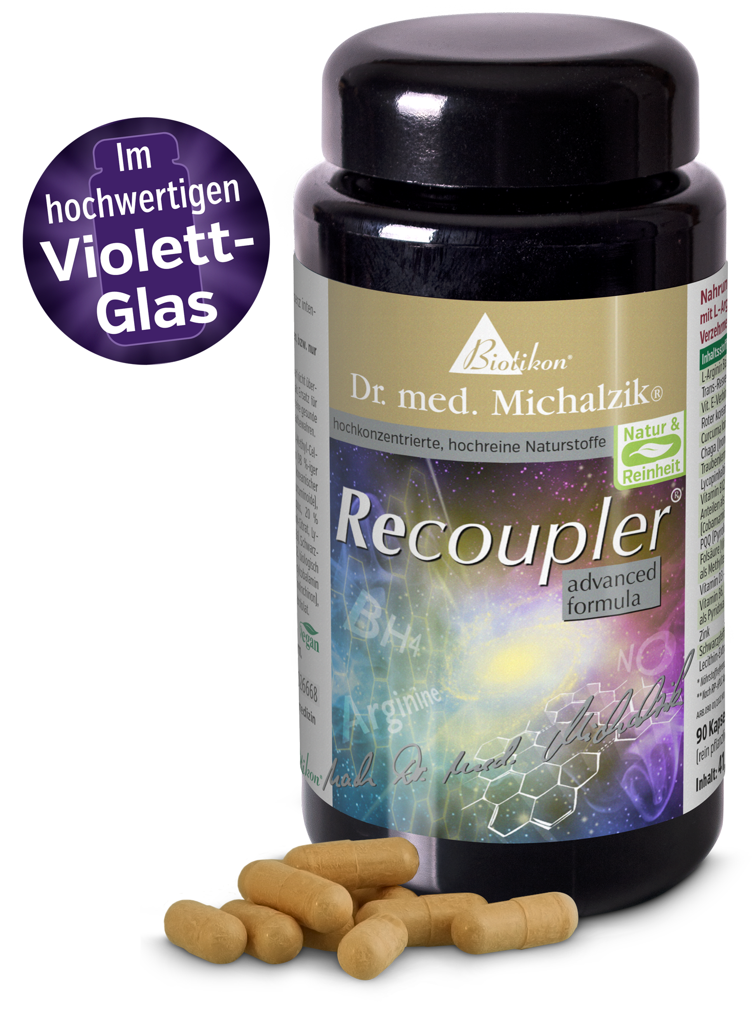 Recoupler 90 Capsules - Dietary Supplement Recoupler dietary supplement in 90 capsules, golden capsules, high-quality violet glass.