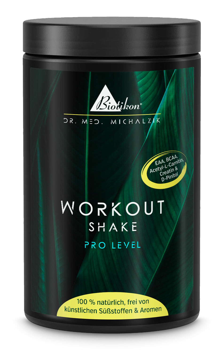 Workout Shake – Pro Level Black container of Workout Shake, 100% natural, 500 g, front view