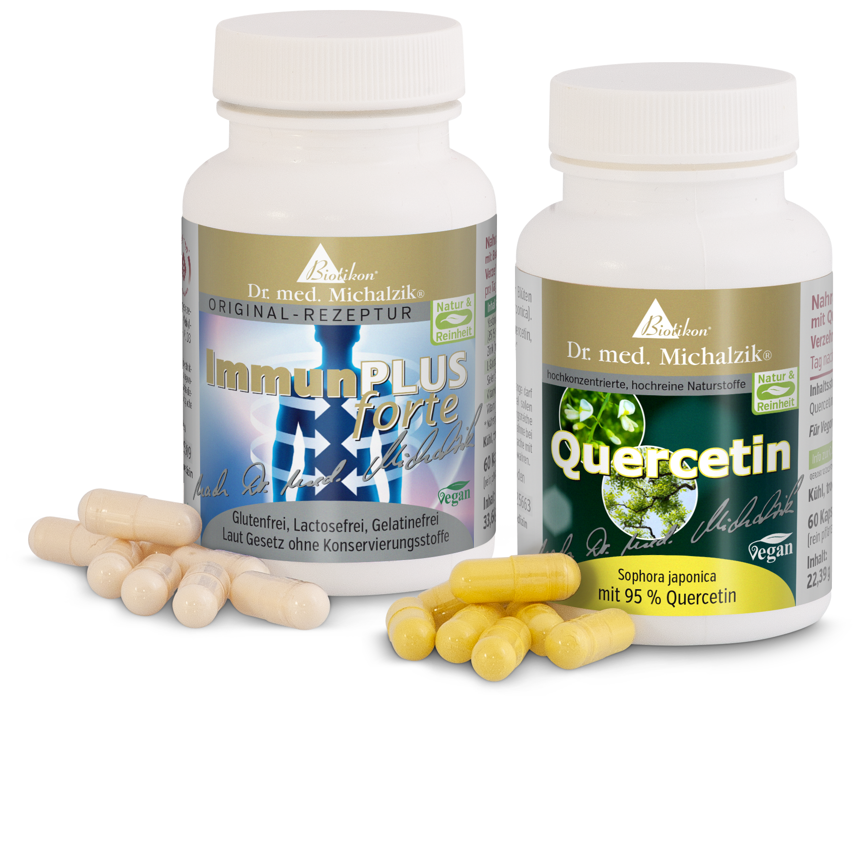 ImmunPLUS Forte - 60 Capsules, Dietary Supplement Two bottles of dietary supplements, ImmunPLUS Forte and Quercetin, with yellow and clear capsules.