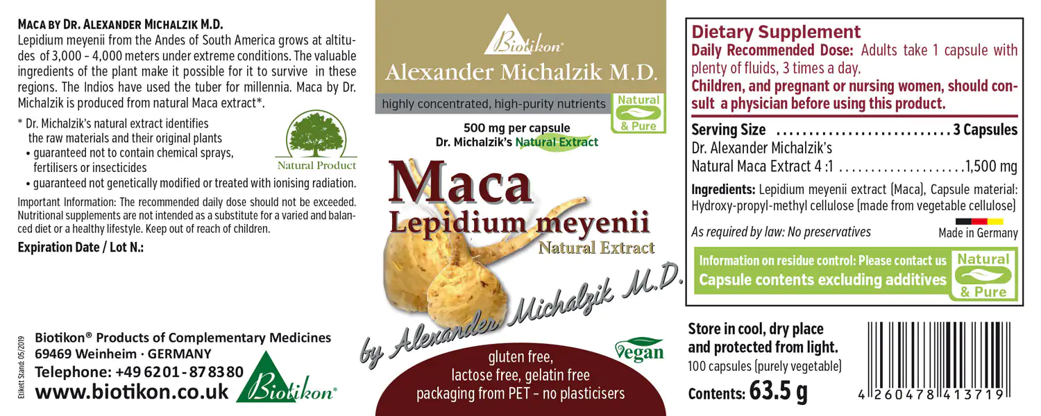 Maca 1500 mg – Capsules Maca capsules, 1500 mg, 100 capsules, natural extraction, vegan packaging, beige color.