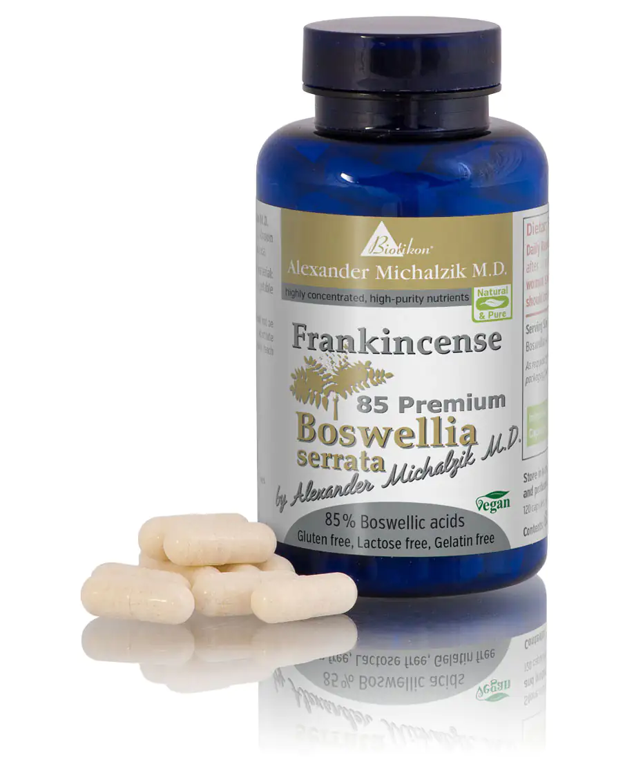 Boswellia 85% Capsules - 60 Vegan Pills Blue bottle containing Boswellia capsules with 85% boswellic acids, 60 capsules, vegan and gluten-free.