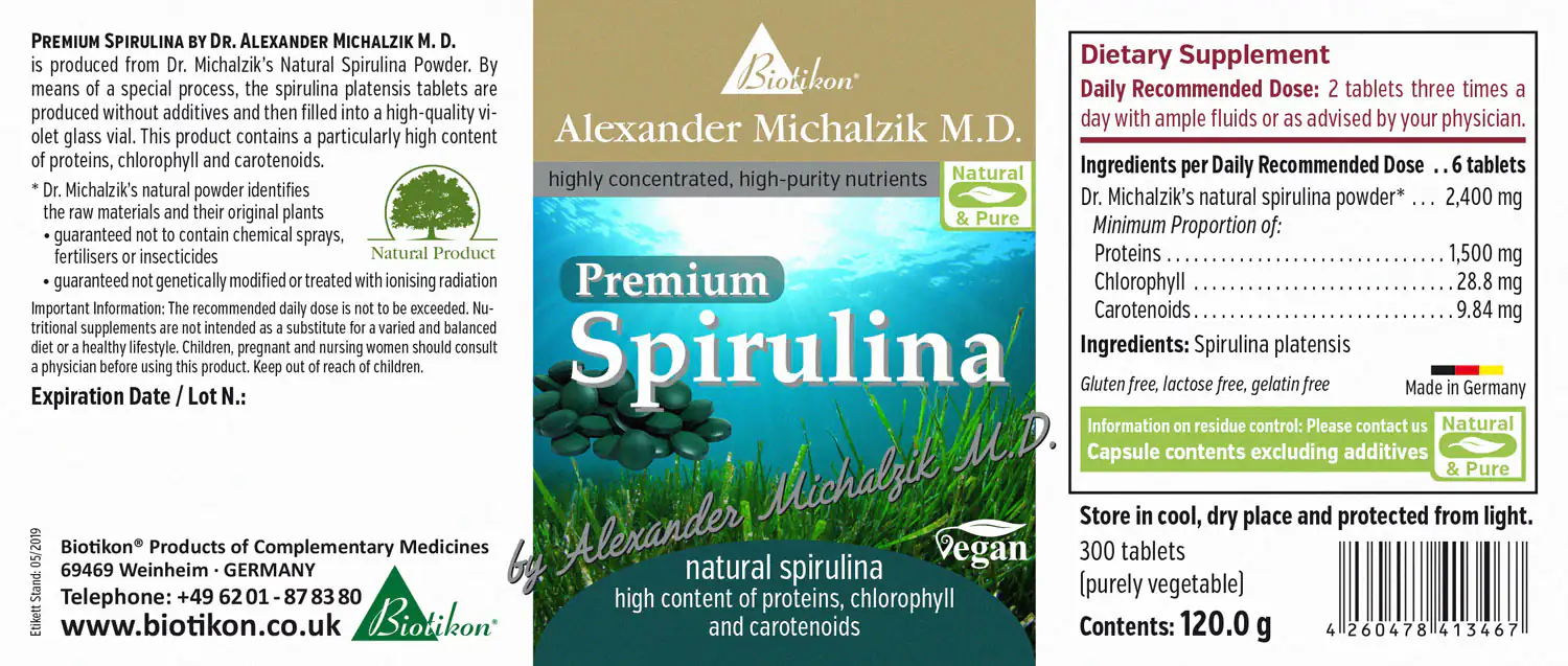 Premium Spirulina 2400 mg – Tablets Premium Spirulina in a glass container, 300 tablets, greenish tablets, made in Germany.