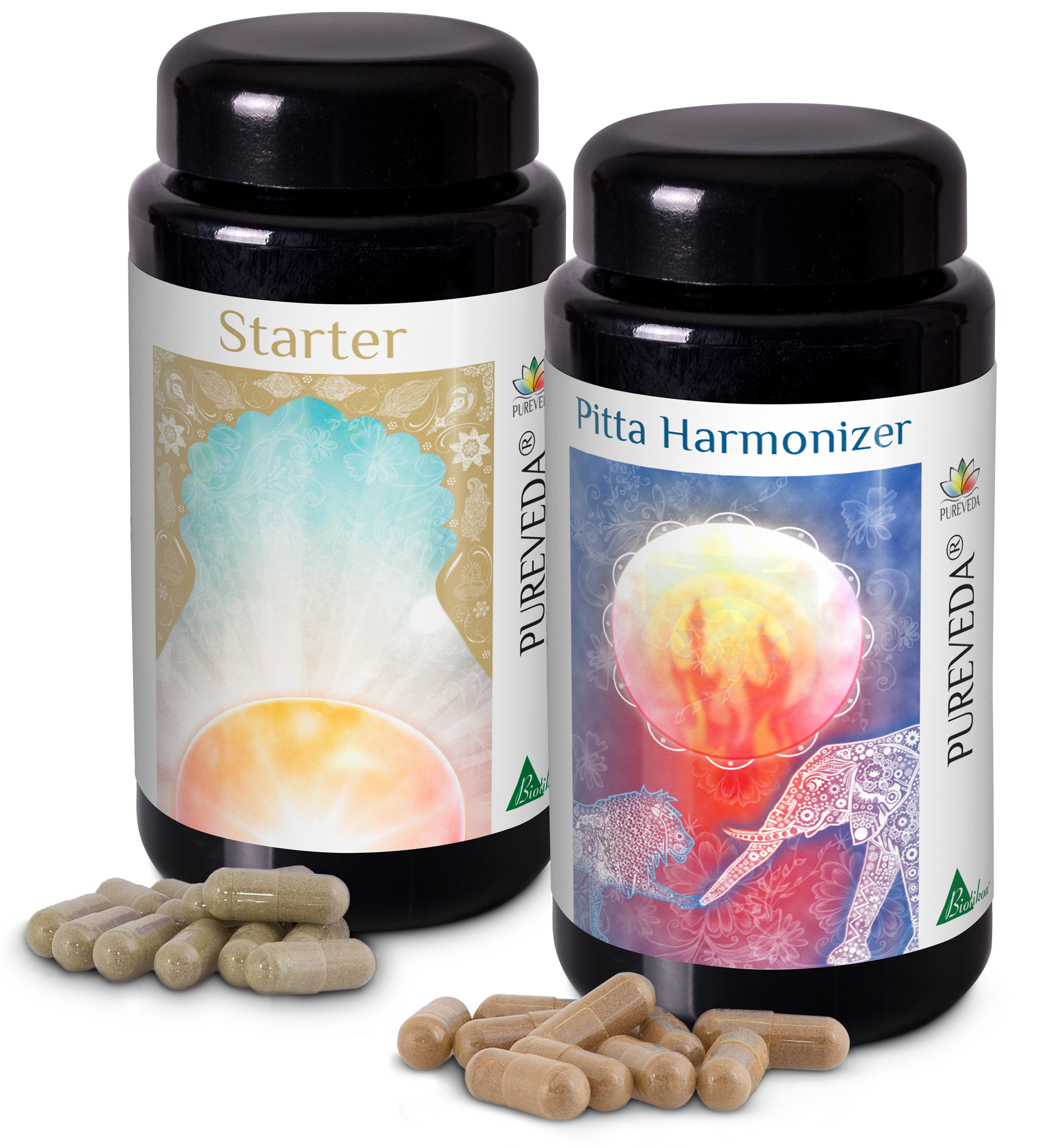Ayurveda Capsules – Starter & Pitta Harmonizer Two black capsule containers, one labeled 'Starter' and the other 'Pitta Harmonizer', next to beige capsules.