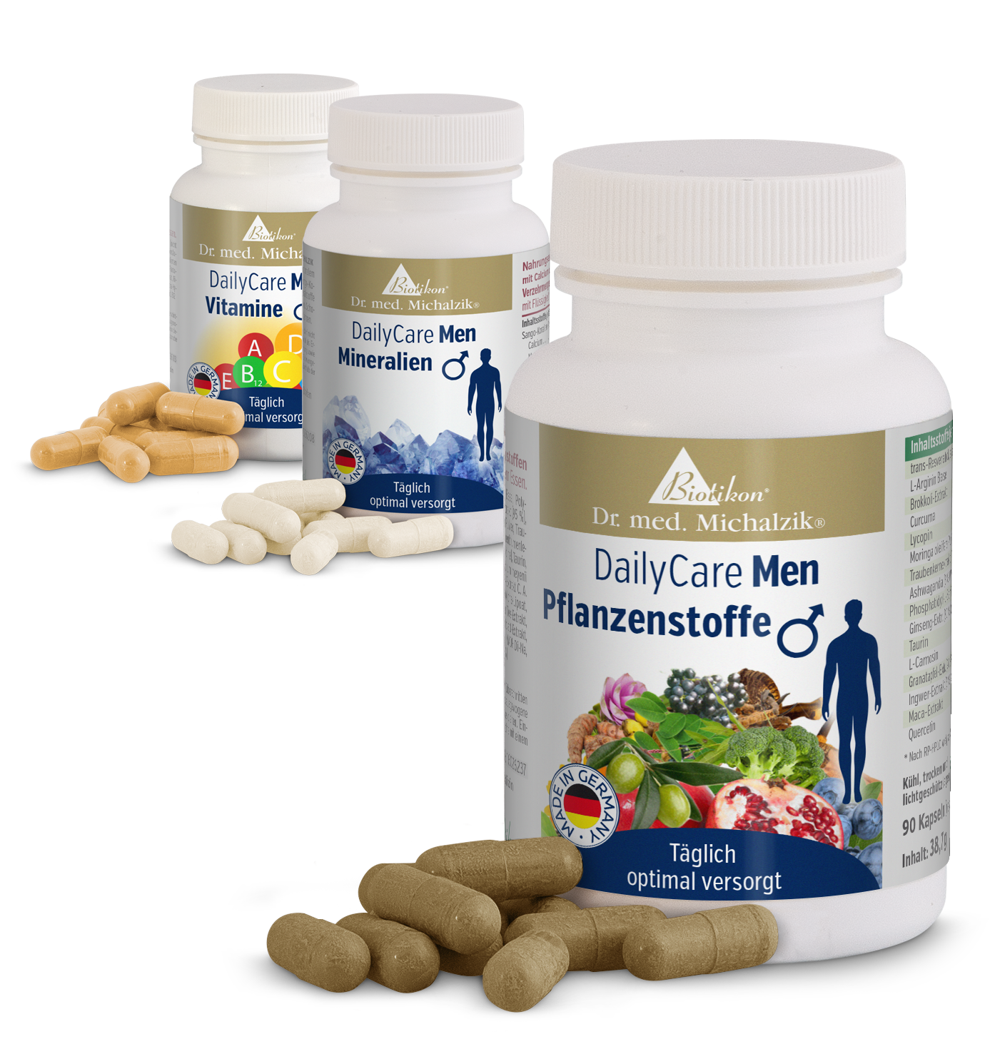 Men's DailyCare Bundle with 3 Cans Three men's supplements in beige, white, and brown capsules with various ingredients, packaging visible.