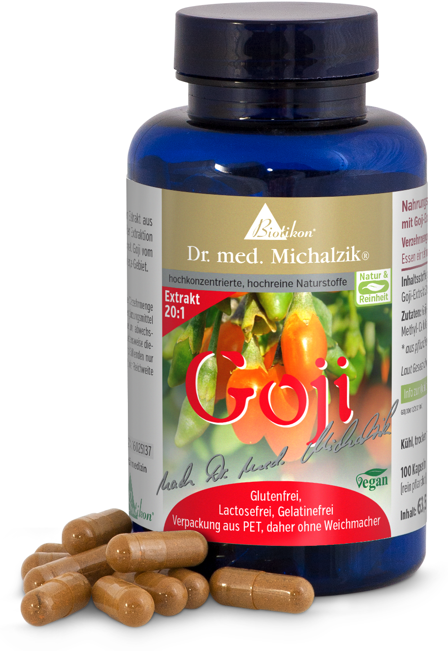 Goji Extract 20:1 – 100 Capsules Goji extract in blue capsule packaging, 100 capsules, gluten-free, vegan