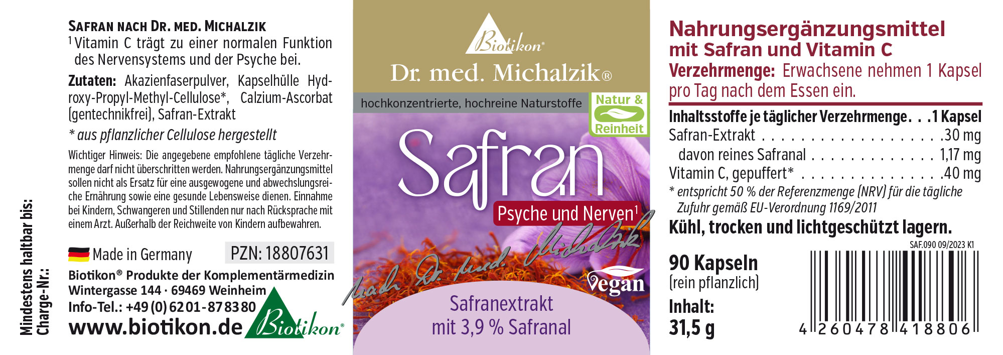 Saffron 30 mg - Capsules Dietary supplement with saffron and vitamin C, 90 capsules, packaging in purple and white design, vegan.