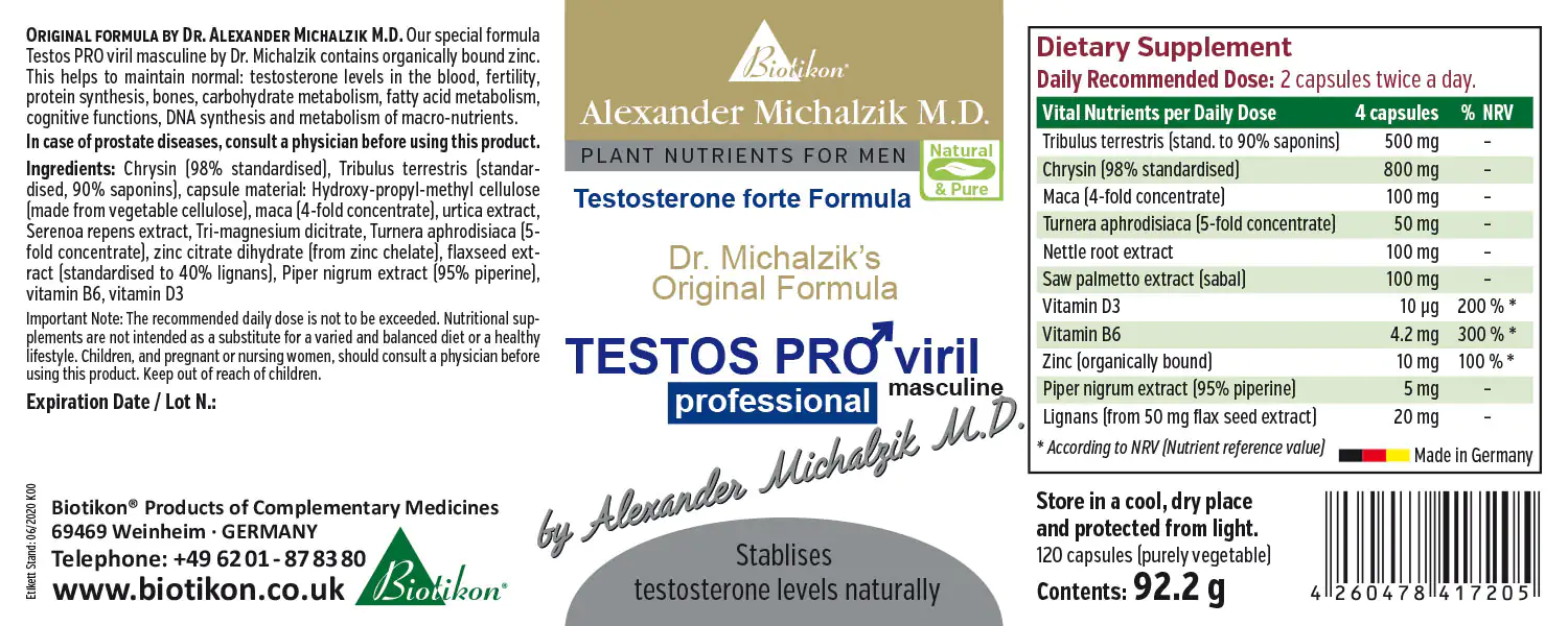 TESTOS PRO Viril – 120 Capsules Dietary supplement in a brown package, 120 plant-based capsules, supports testosterone levels.