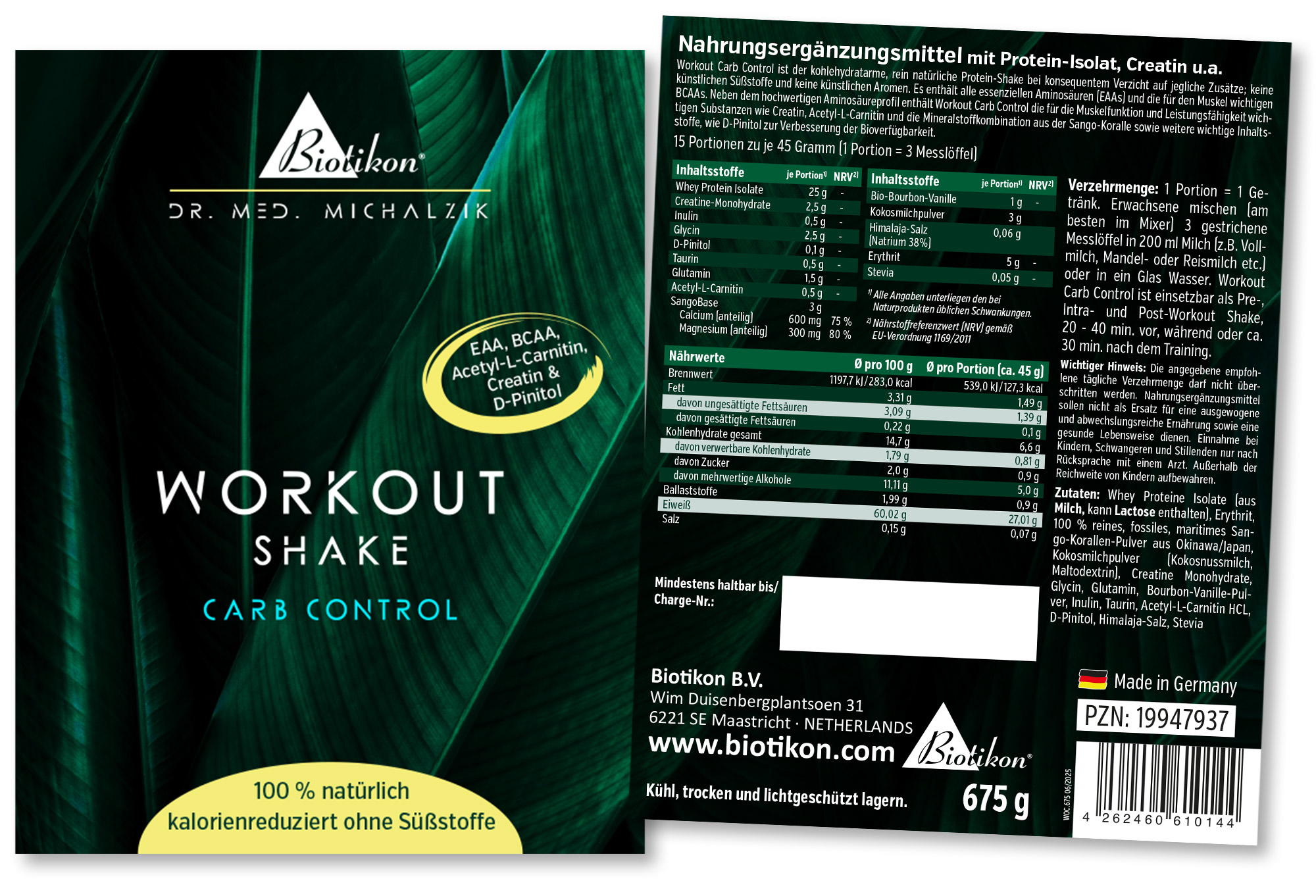 Workout Shake Carb Control – 675 g Supplements in 675 g packaging, powder form, greenish, for fitness enthusiasts.