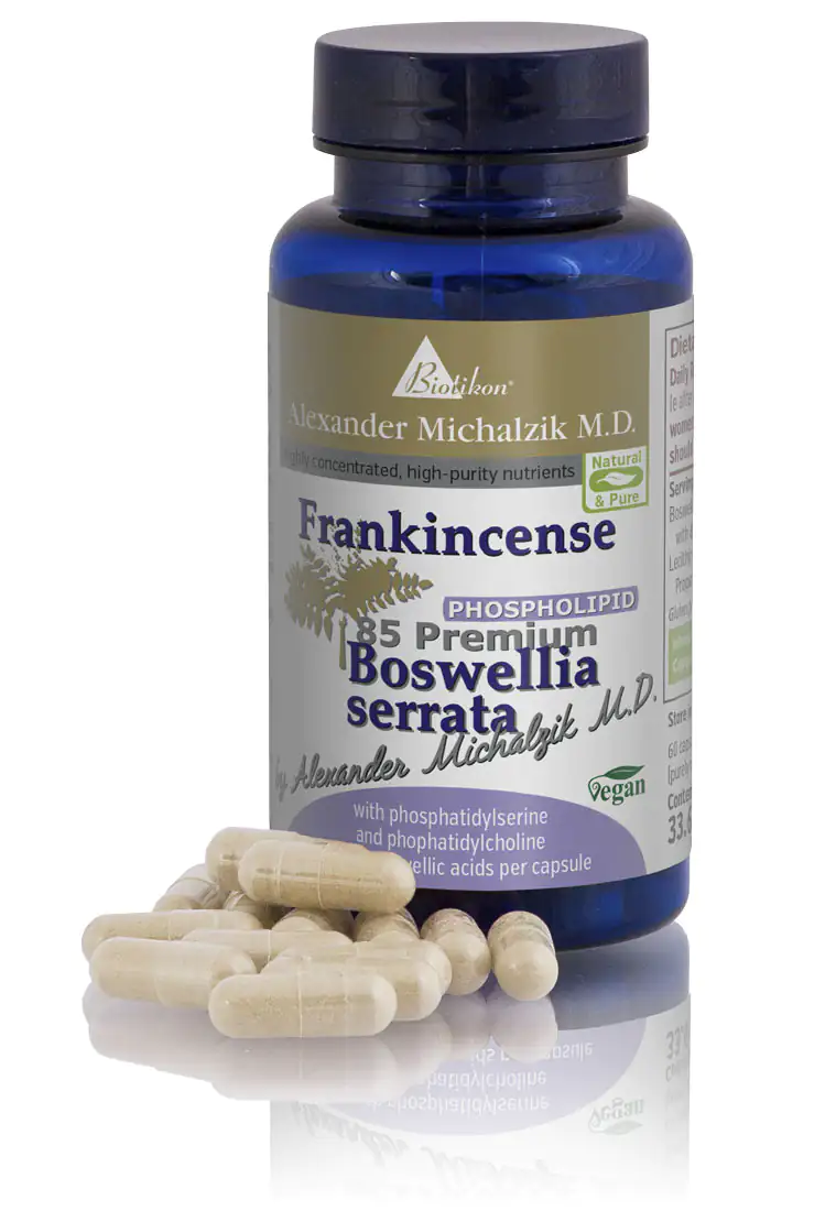 Boswellia Serrata Capsules BS85, 60 Count Vegan capsules with Boswellia serrata in blue bottle, 60 pieces, light beige capsules against white background.