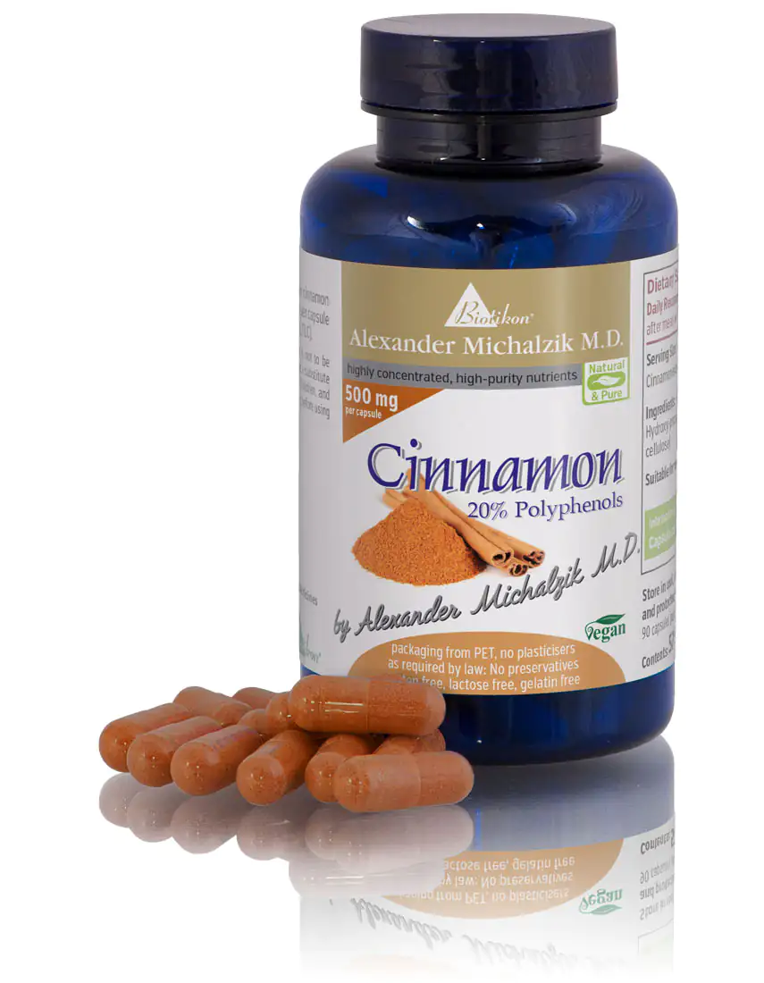 Cinnamon 500 mg - Capsules Bottle of cinnamon capsules, 500 mg per capsule, brown capsules on a white background.