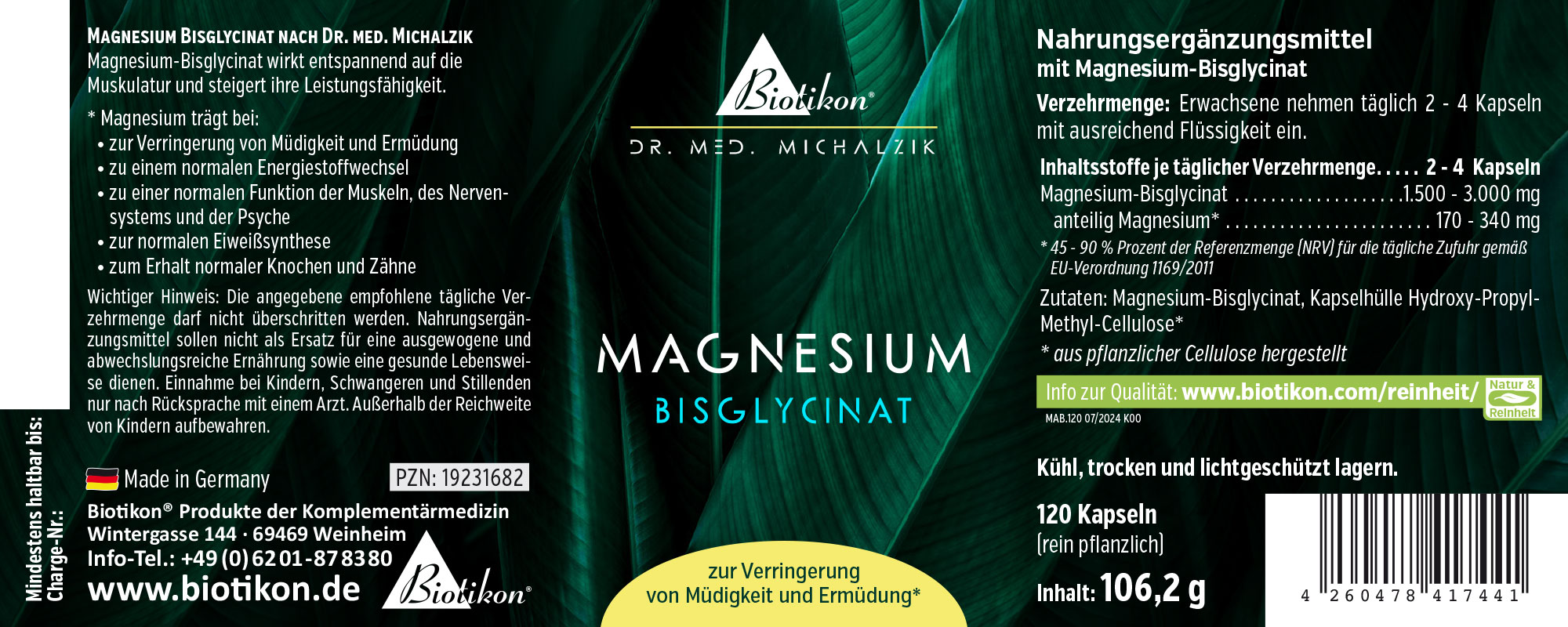 Magnesium Bisglycinate 120 Capsules 120 capsules of Magnesium Bisglycinate in green packaging, front view, plant-based.