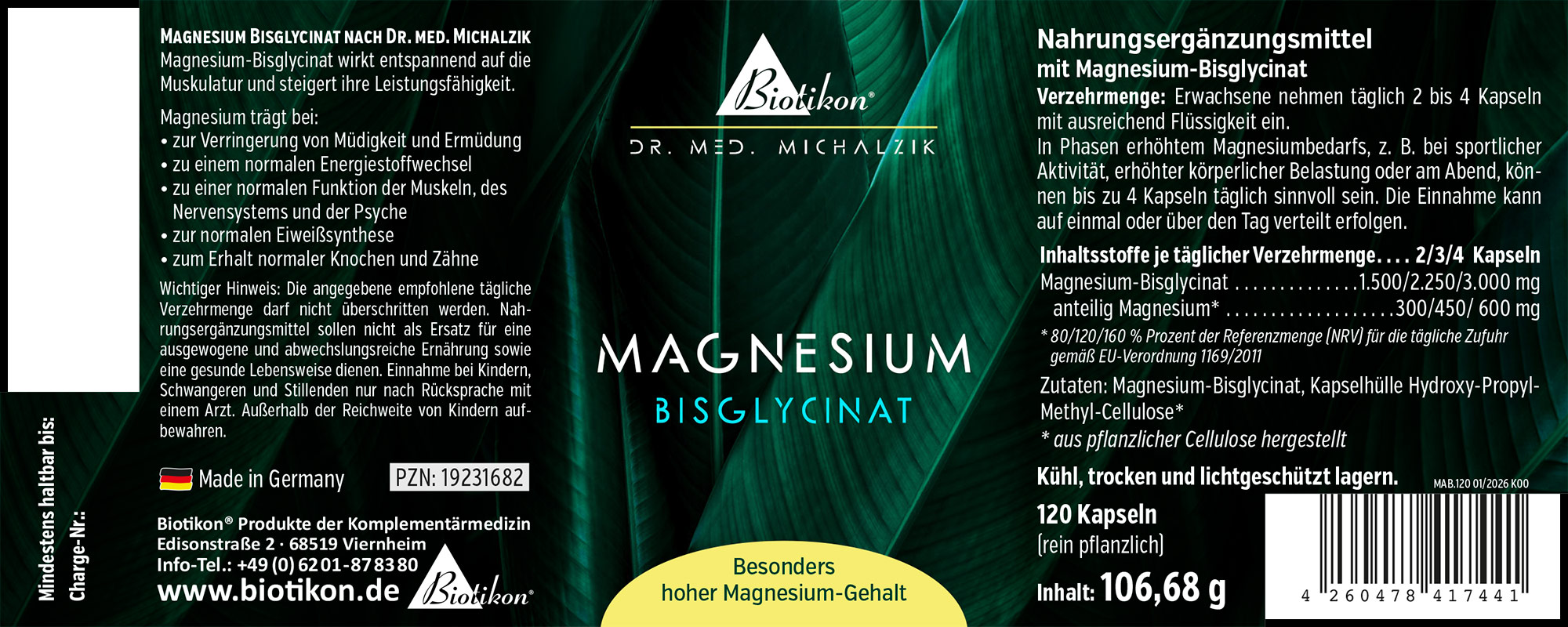 Magnesium Bisglycinate 120 Capsules 120 capsules of Magnesium Bisglycinate in green packaging, front view, plant-based.