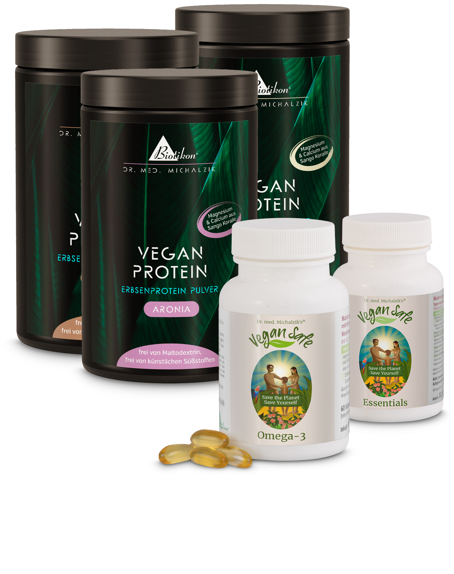 Four containers of plant protein powder in various colors and labels, plus Omega-3 capsules and essences, on a white background.