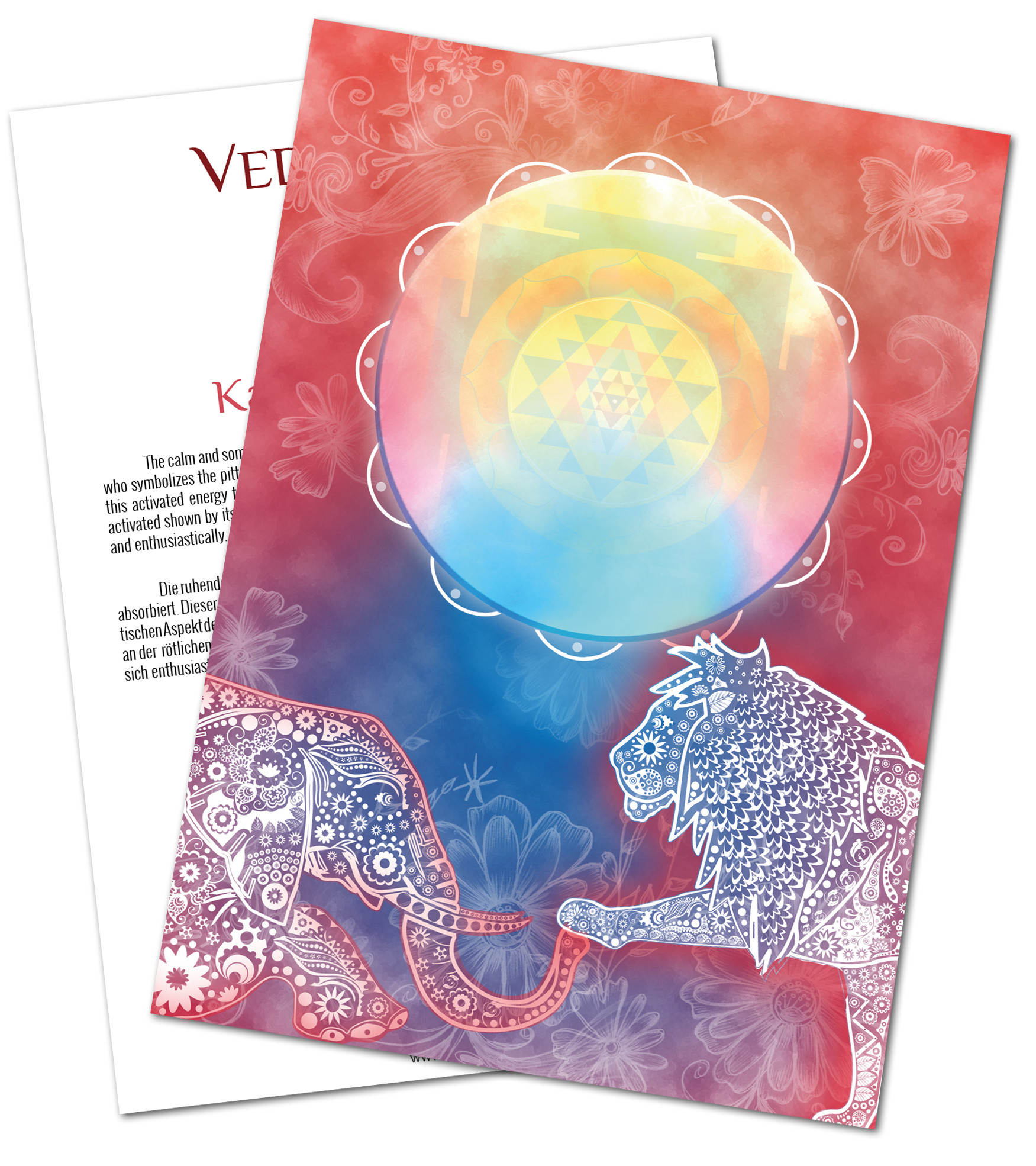 VedaCard Kapha - Colorful Mandala Design A4 format mandala card, featuring colorful elephant and lion with floral pattern on paper.