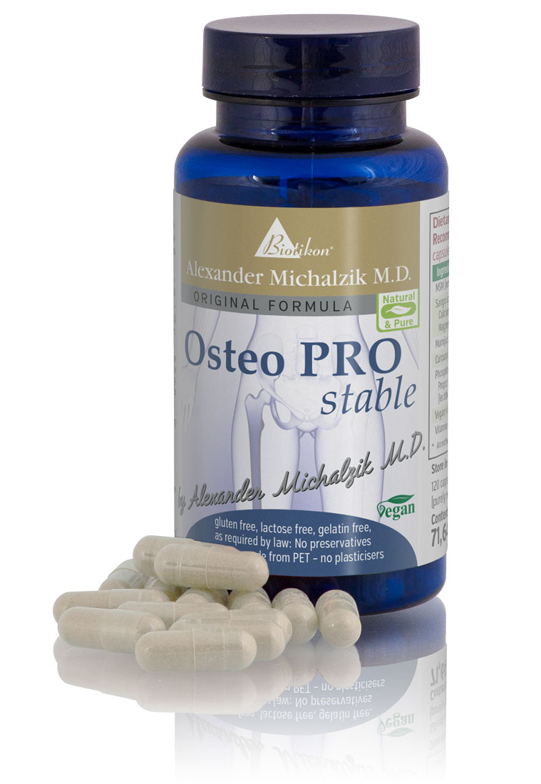 Osteo PRO Stable – Capsules Osteo PRO stable capsules in a blue plastic bottle, 120 pieces, vegan, gluten-free, with several capsules in the foreground.