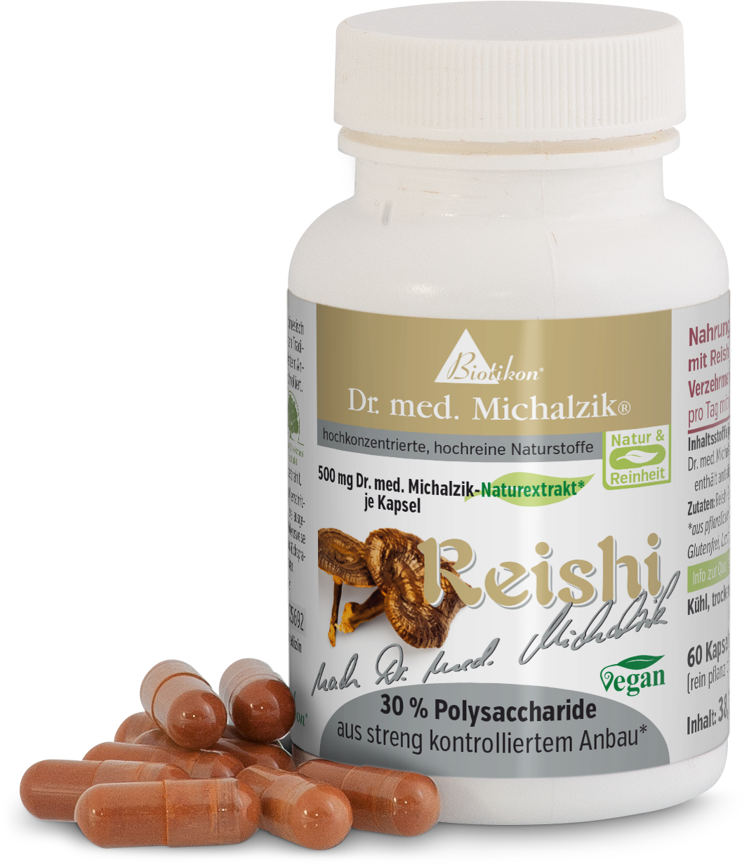 Reishi Capsules 500 mg – 60 Count Reishi capsules in a clear container, 500 mg per capsule, 60 capsules, brown capsules on a white background.