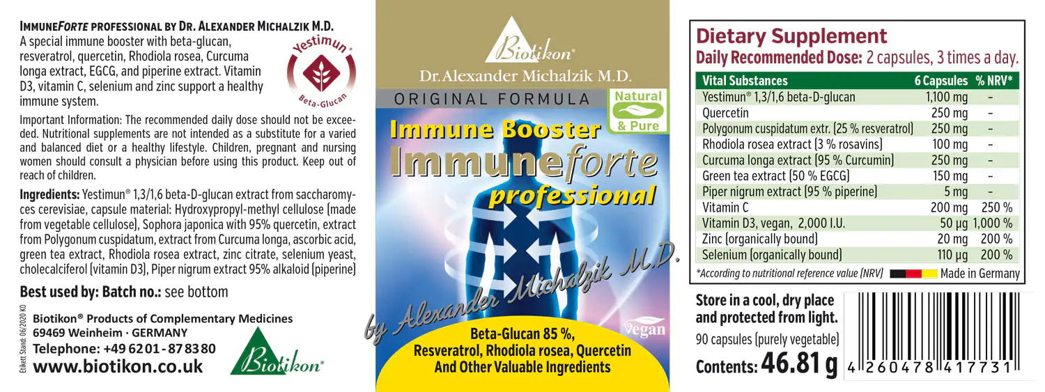 ImmuneForte Professional – 90 Capsules Immune booster capsules in colorful packaging, 90 pieces, featuring printed ingredients and usage instructions.