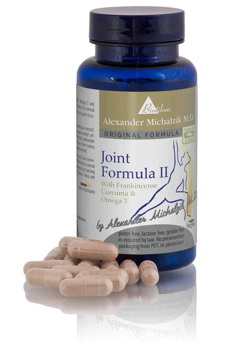 Joint Formula II – Omega 3 Capsules Bottle of Joint Formula II capsules, 120 count, blue, front view with white capsules on the table.