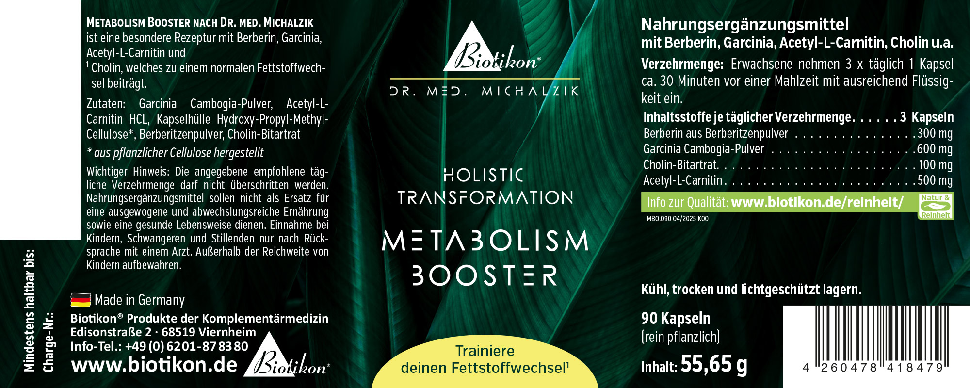 Metabolism Booster – 90 Capsules Dietary supplement in a black package, 90 capsules, plant-based colors, front view.