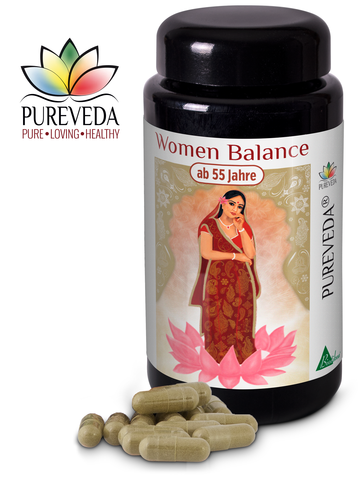 Women Balance Capsules – for Ages 55 and Up Dark glass bottle containing 'Women Balance' capsules for women aged 55 and older, with beige capsules visibly displayed.