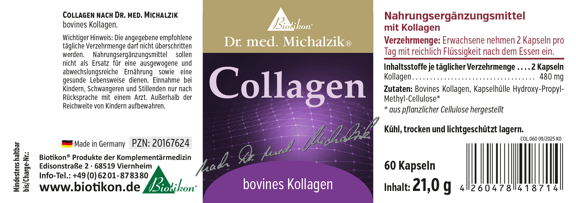 Collagen 480 mg – 60 Capsules Dietary supplement collagen, 60 capsules, purple packaging, front view.