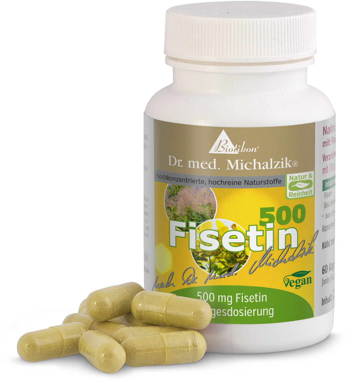 Fisetin 500 mg – Capsules Bottle containing 60 vegan capsules of Fisetin 500 mg, yellowish, side view.