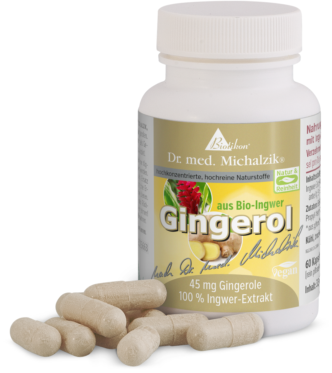Gingerol 45 mg – Capsules Bottle of Gingerol capsules, 60 count, light brown, made from organic ginger, vegan form.