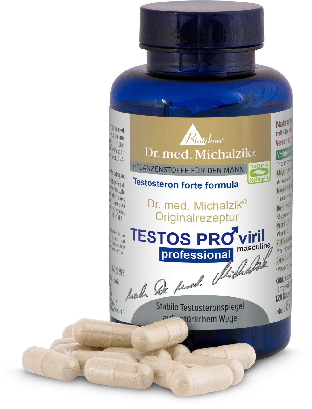 Testosterone Forte 120 Capsules – Dr. Michalzik Blue bottle with Testosterone Forte formula, 120 capsules, on a white background.
