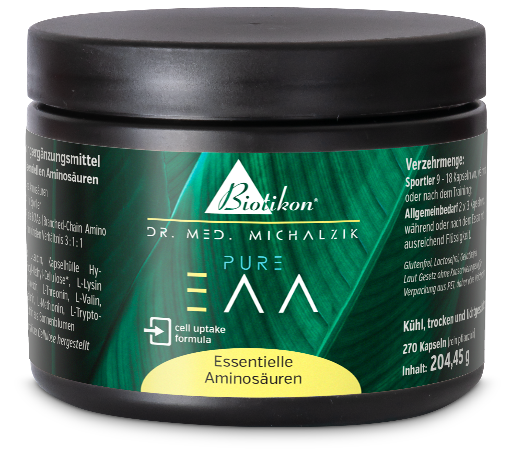 Container with 270 capsules of essential amino acids, green packaging, front view.