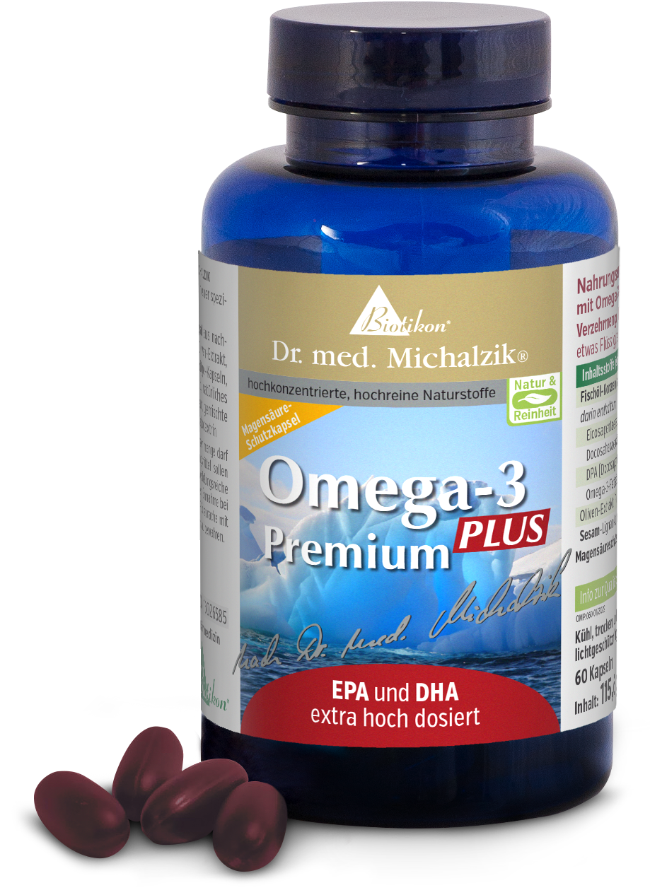 Omega-3 Premium PLUS – 60 Capsules Blue bottle containing 60 capsules, reddish-brown capsules visible, clear view of product label.