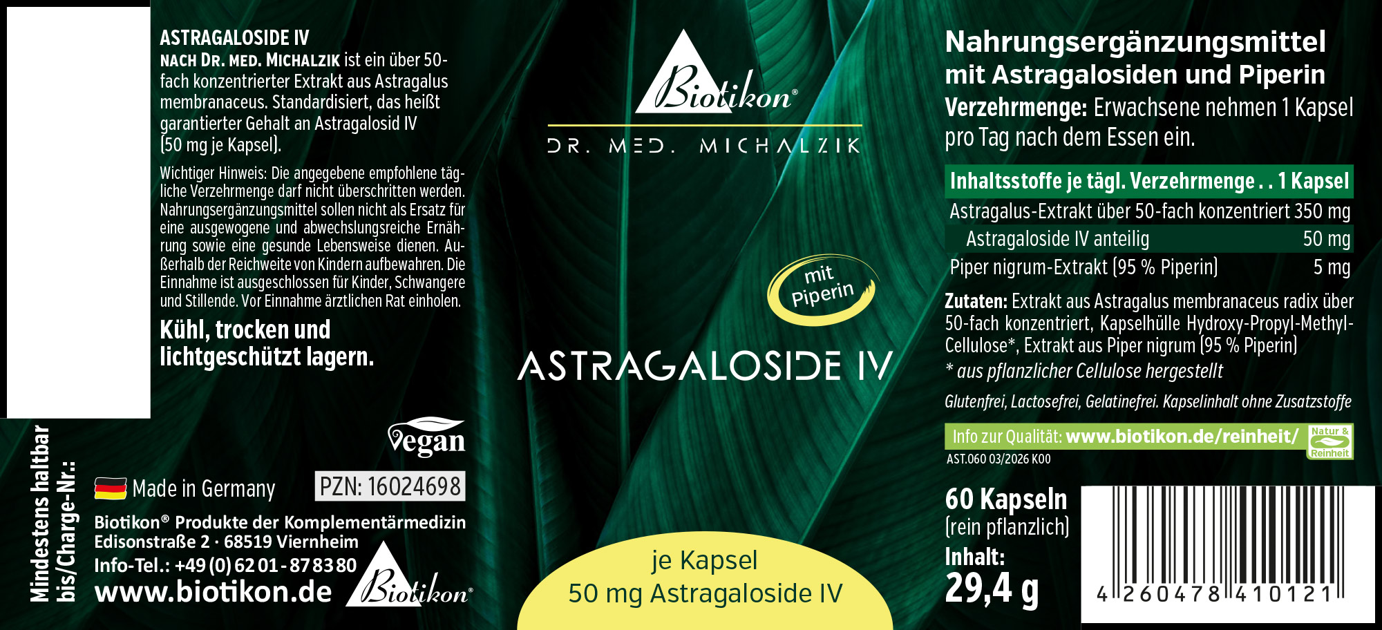 Astragaloside IV capsules, concentrated formula, 60 pieces, vegan-friendly, packaged in German.