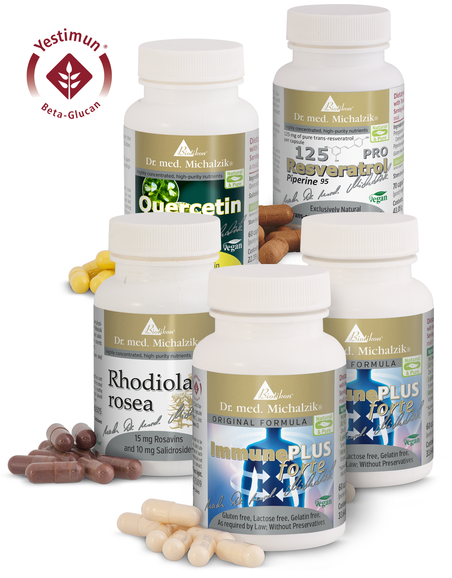 Quercetin 500 mg – Capsules Quercetin capsules in a white bottle, 60-count, yellow-orange capsules, perspective view.