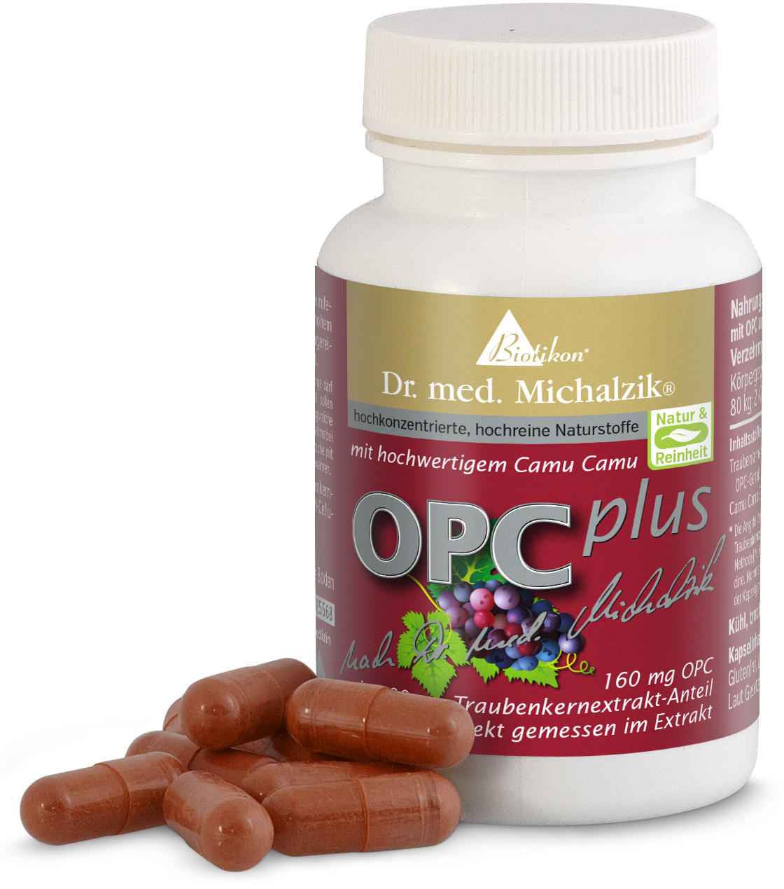 OPC Plus 160 mg – Capsules Bottle of OPC Plus capsules, 160 mg, red capsules, front view, packaging and capsules.