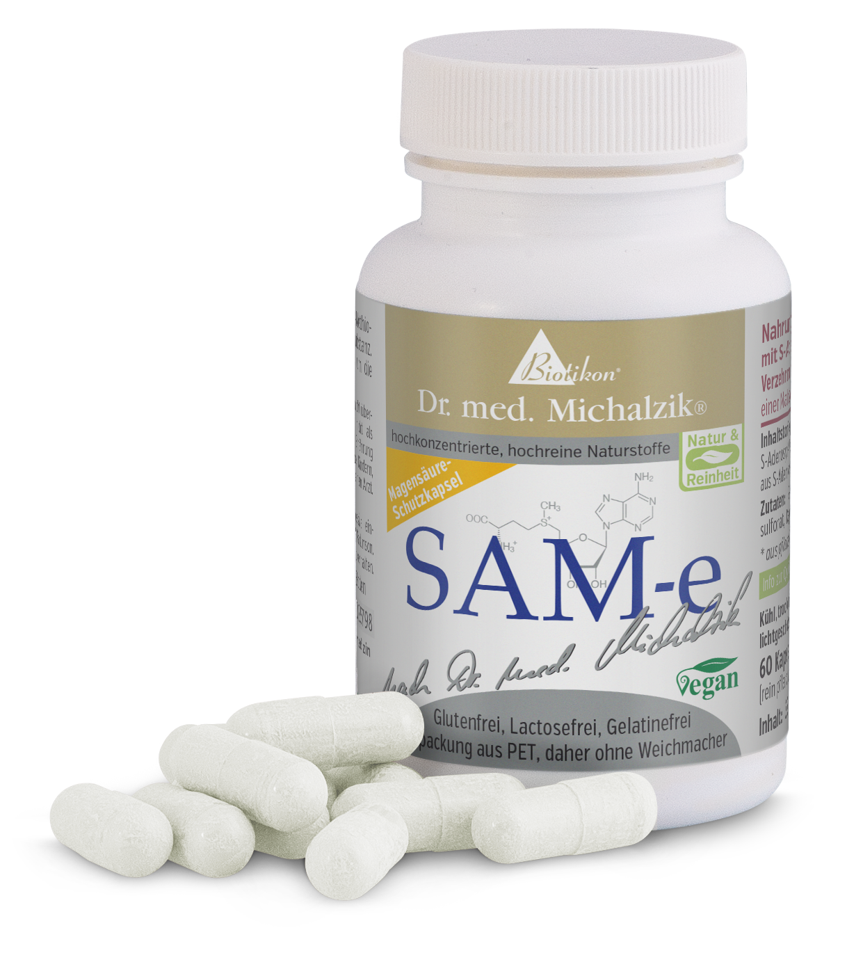 SAM-e 60 capsules – stomach acid protection capsules Whitish capsules in PET packaging, 60 pieces, on a light background.