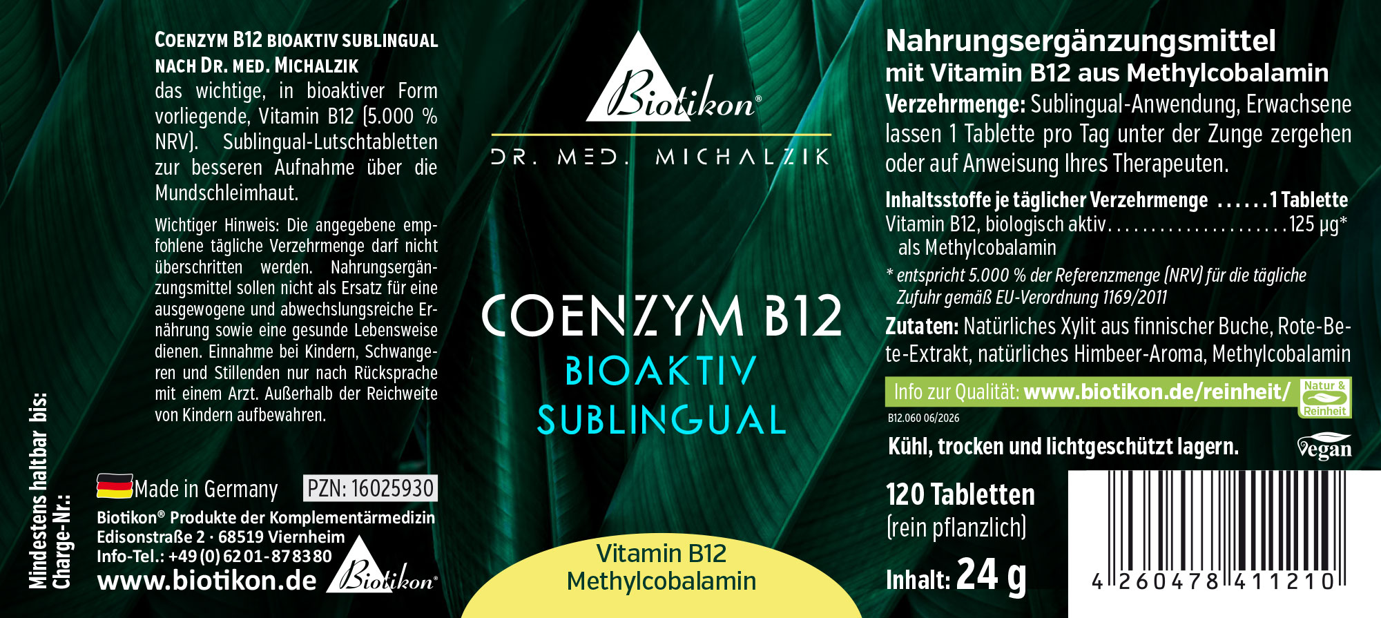 Bioactive Coenzyme B12 in 120 tablets, sublingual, vegan, packaging in green and white design, made in Germany.