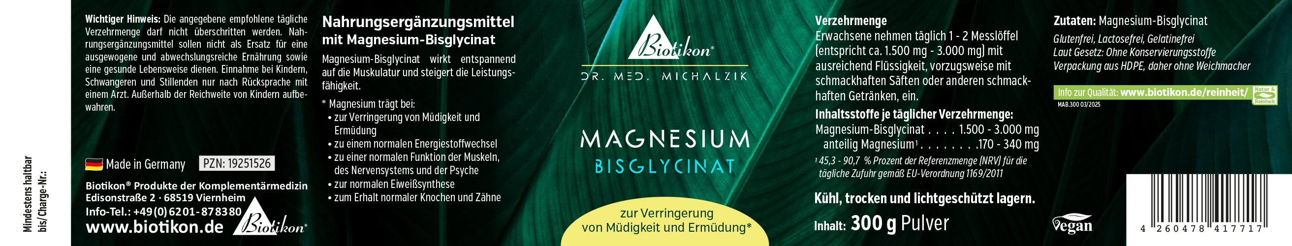 Magnesium Bisglycinate – 300 g Powder Magnesium bisglycinate dietary supplement, 300 g powder in dark packaging, vegan and additive-free.
