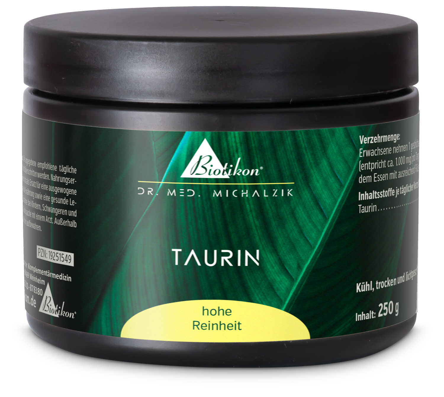 Taurine powder in a black container, 250 g, with green packaging and a yellow label.