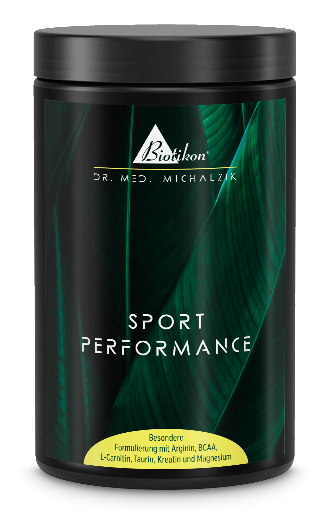 Sport Performance Powder – Black Container Sport Performance powder in a black container with green packaging, showcases a unique formulation.